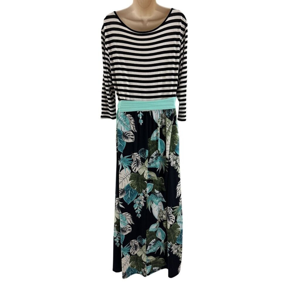 Striped Top Palm Print Maxi Dress w/Attached Sash Tie Size 3XL Tropical Plus Sz - Picture 4 of 6